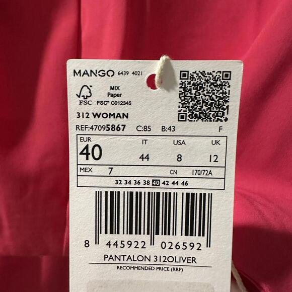 Mango Ankle Straight Leg Culotte Trouser Pants Pink NWT Size 8 - Picture 5 of 8